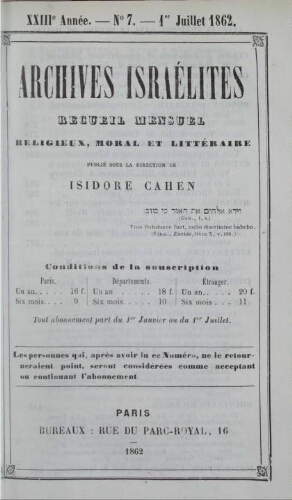 Archives israélites de France. Vol.23 N°07 (juillet 1862)